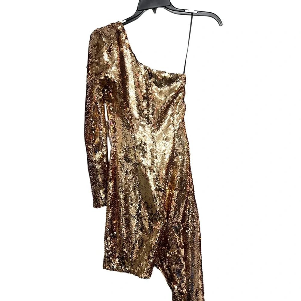 NADINE MERABI Gold Sequin One Shoulder Cocktail Dress - Picture 6 of 9